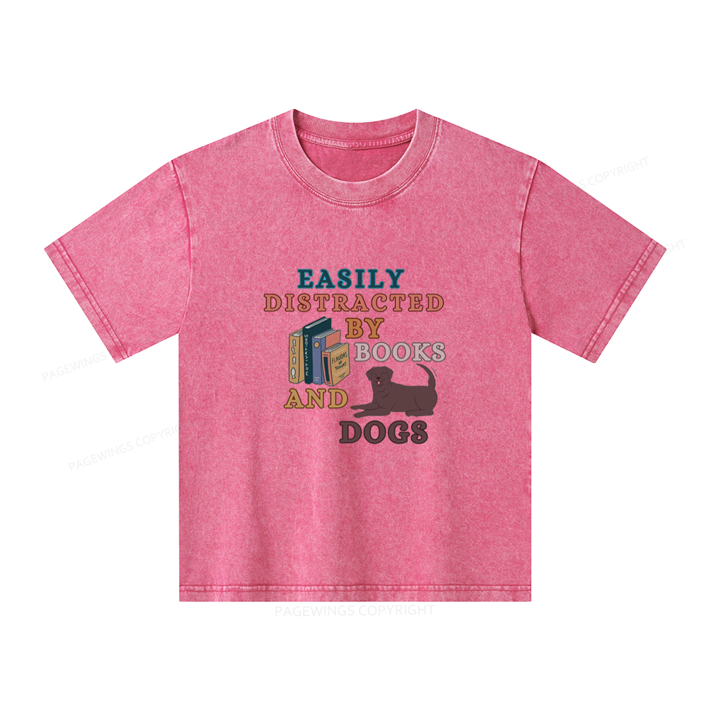 Pagewings Easily Distracted By Books And Labrador Unisex Kids Washed T-shirt