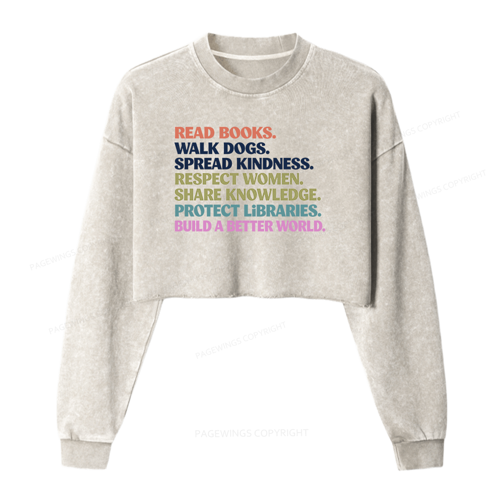 Pagewings Read Books Walk Dogs Washed Crop Sweatshirt