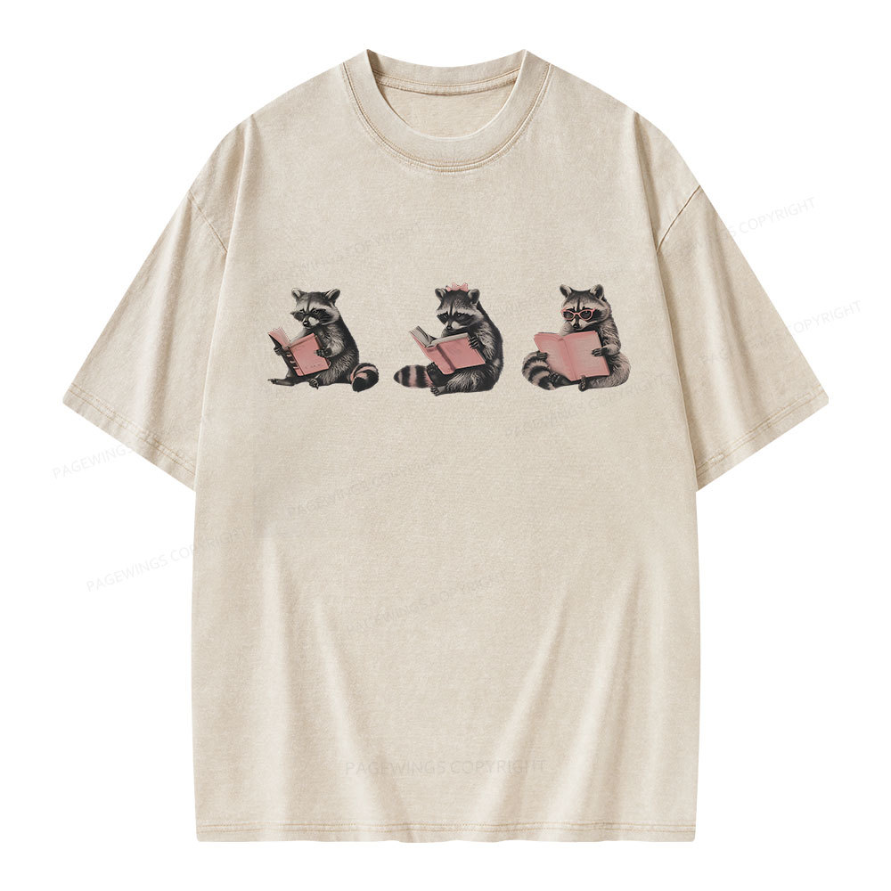 Pagewings Funny Raccoon Bookish Gift Unisex Washed T-shirt