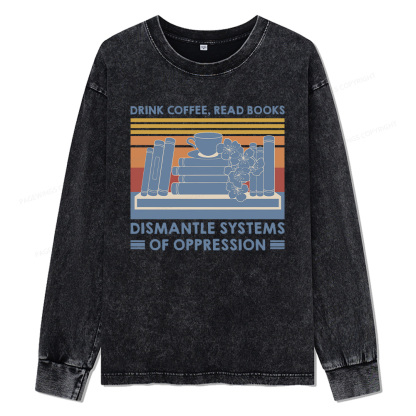 Pagewings Drink Coffee Read Books Unisex Washed Long Sleeve T-shirt