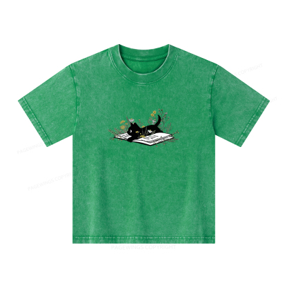 Pagewings Cute Book Cat Unisex Kids Washed T-shirt