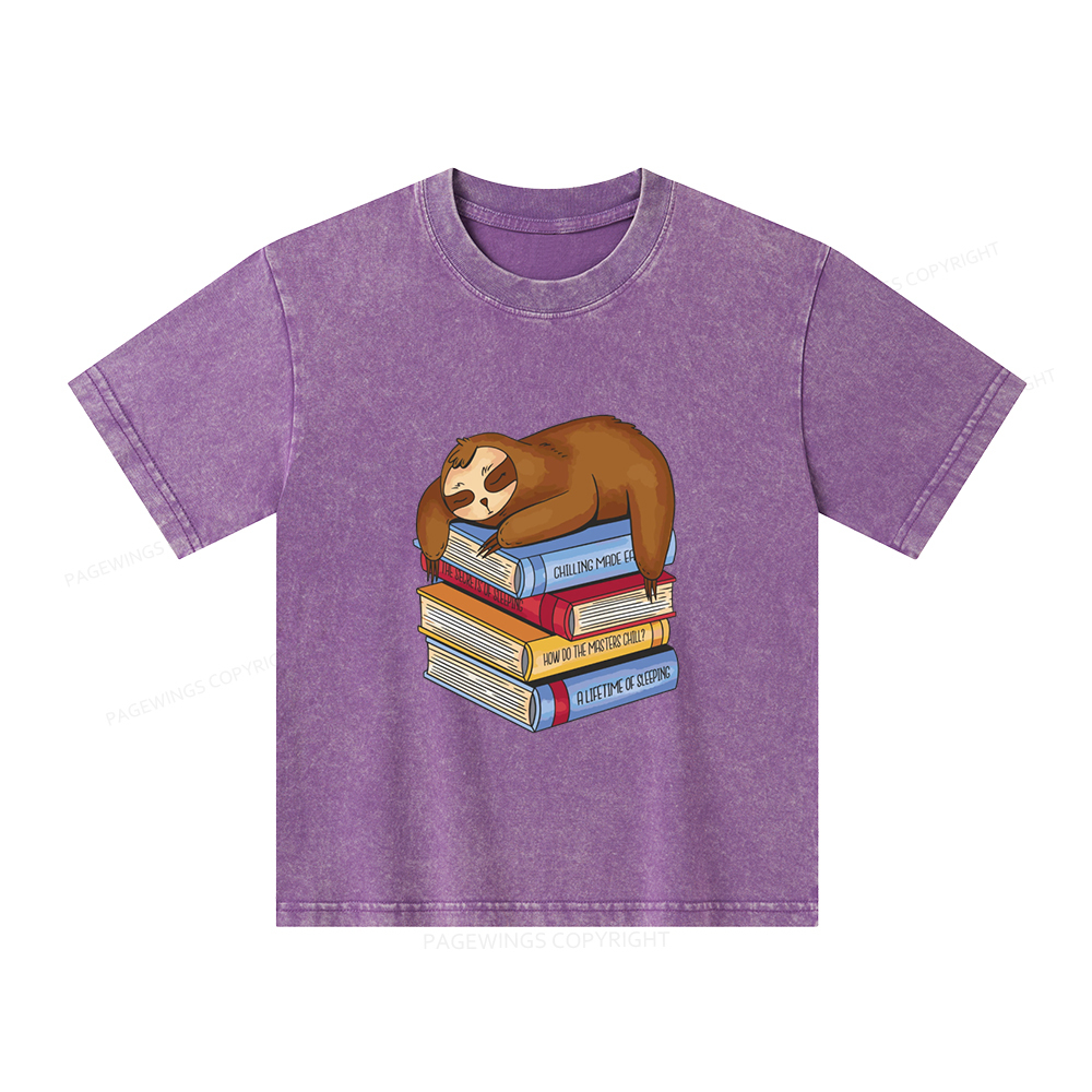 Pagewings Sloth And Book Unisex Kids Washed T-shirt