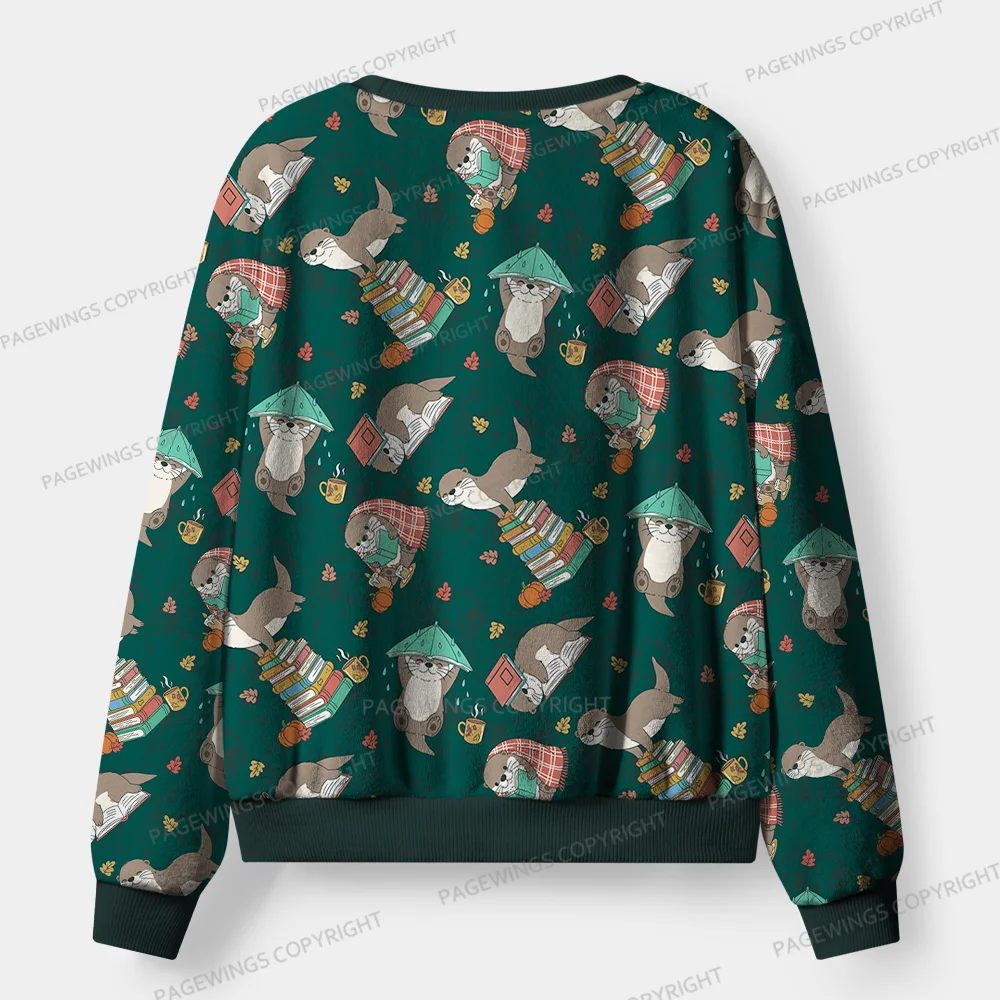 Pagewings Otter Loves Reading Unisex Flannel Pajama Set