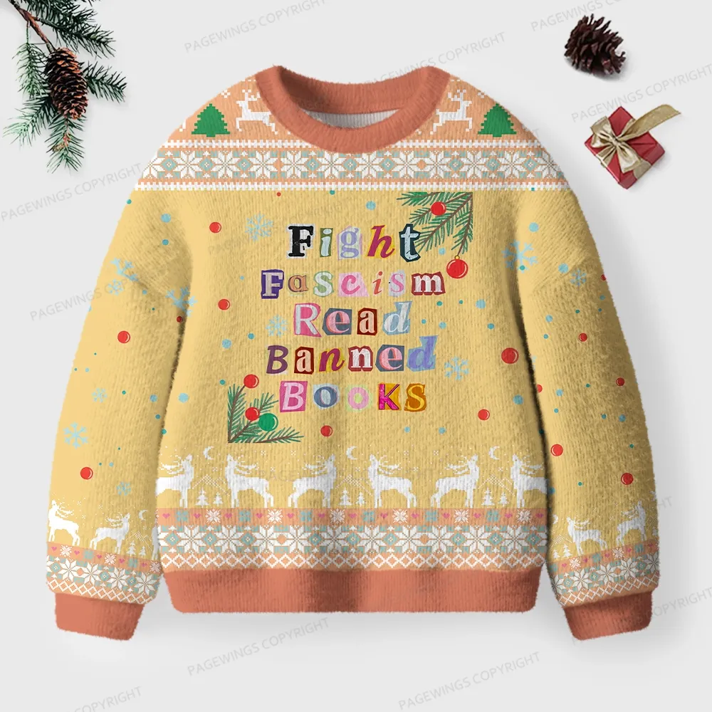 Pagewings Fight Fascism Read Banned Books Unisex Ugly Knit Sweatshirt