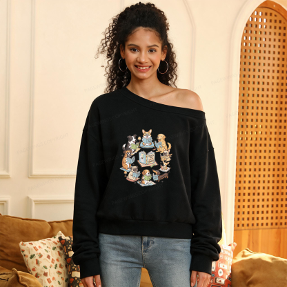 Pagewings Funny Dog Reading Women Off Shoulder Sweatshirt