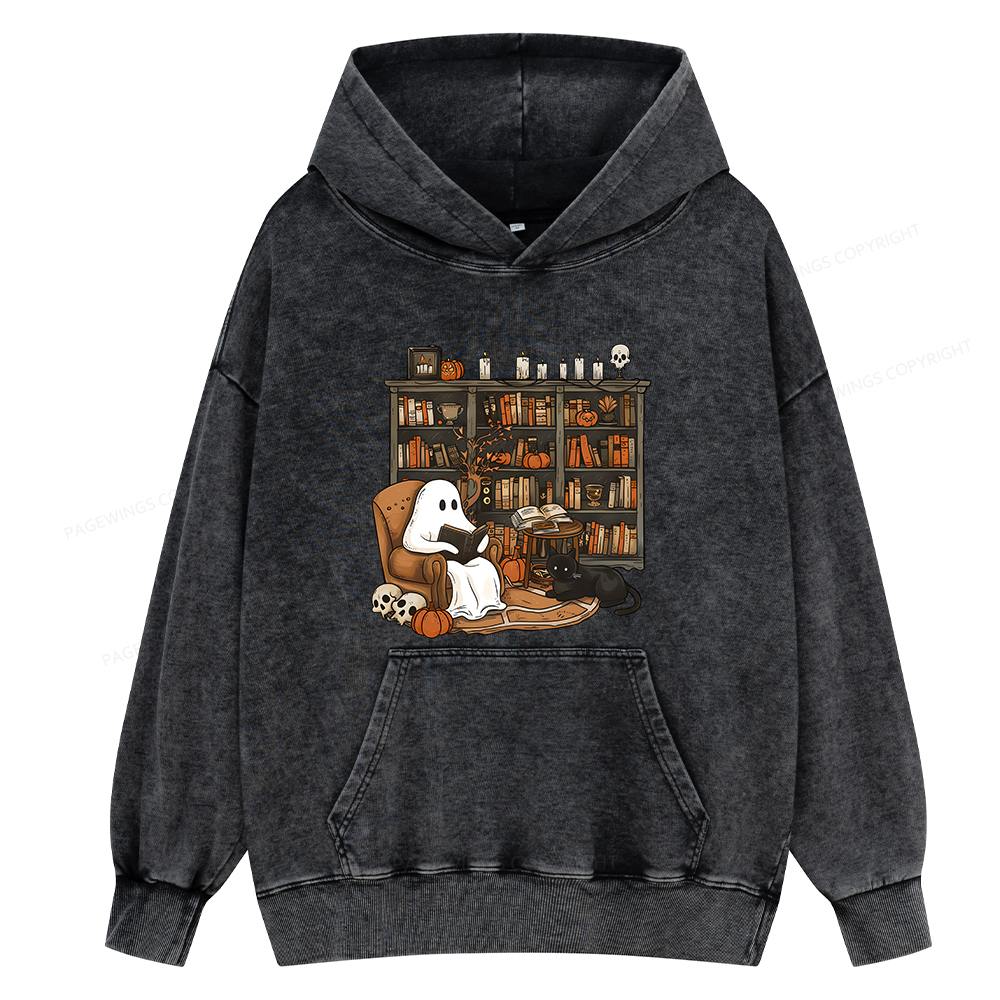 Pagewings Halloween Ghost Reading Books Unisex Washed Hoodie