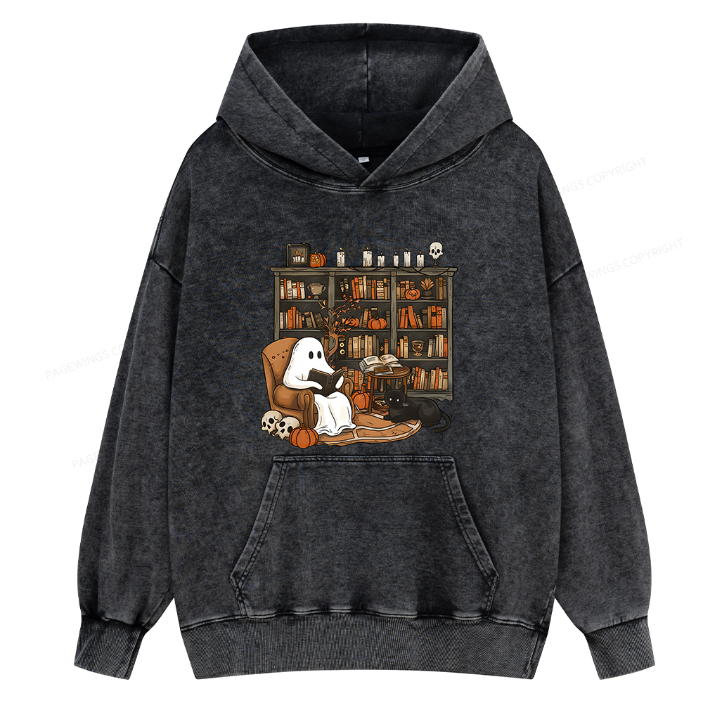 Pagewings Halloween Ghost Reading Books Unisex Washed Hoodie