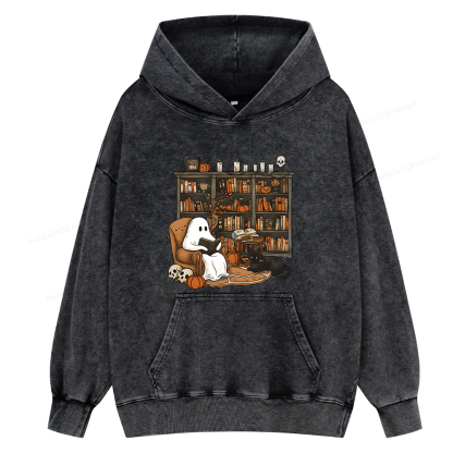 Pagewings Halloween Ghost Reading Books Unisex Washed Hoodie