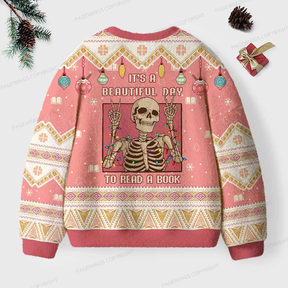 Pagewings It's A Beautiful Day To Read A Book Unisex Ugly Knit Sweatshirt