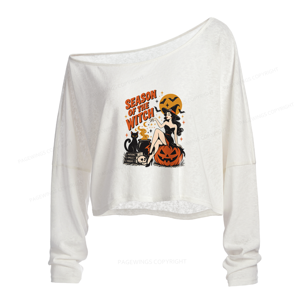 Pagewings Season Of The Witch Slouchy Long Sleeve Off Shoulder T-shirt