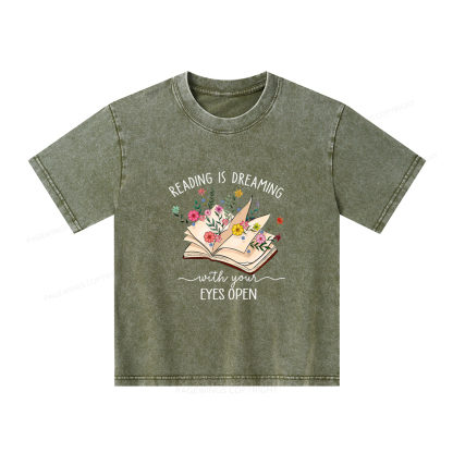 Pagewings Reading Is Dreaming With Your Eyes Open Unisex Kids Washed T-shirt