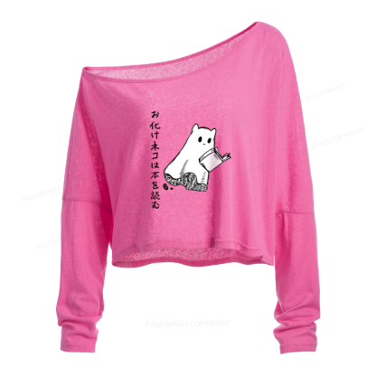 Pagewings Japanese Ghost Cat Reads a Book on Men's Premium Slouchy Long Sleeve Off Shoulder T-shirt