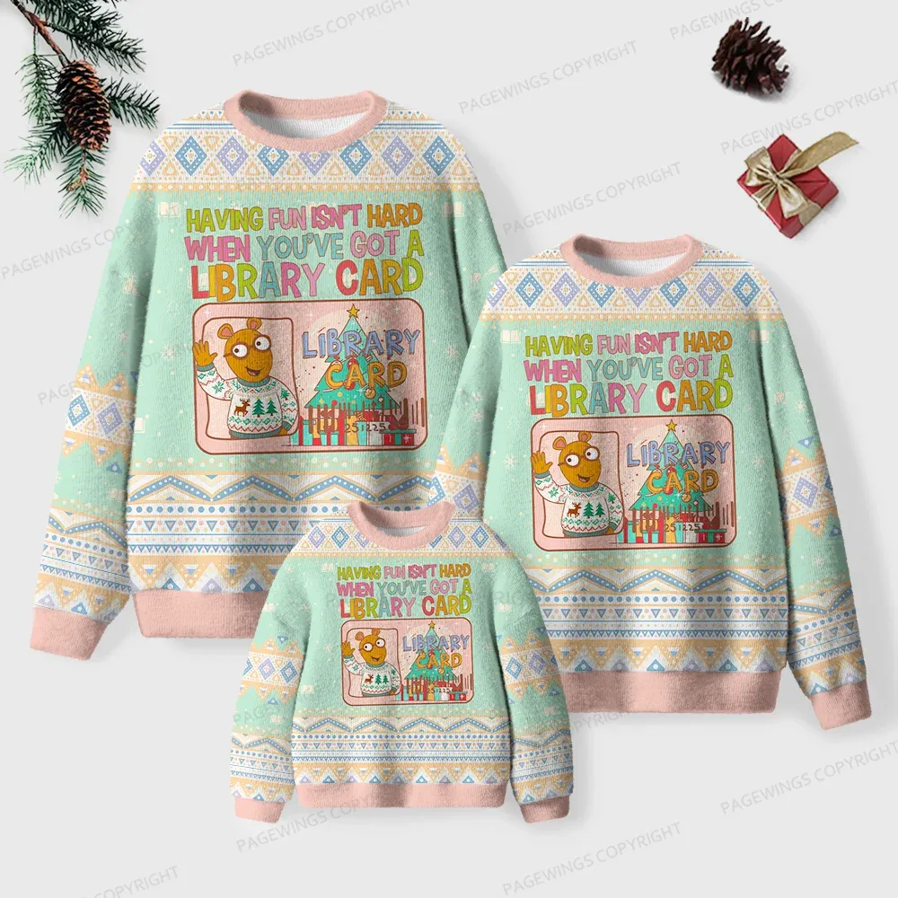 Pagewings Having Fun Isn't Hard When You've Got A Library Card Unisex Ugly Knit Sweatshirt