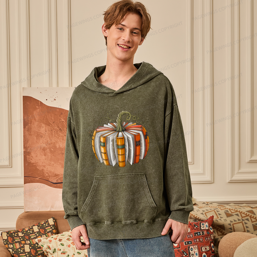 Pagewings Fall Book Pumpkin Unisex Washed Hoodie
