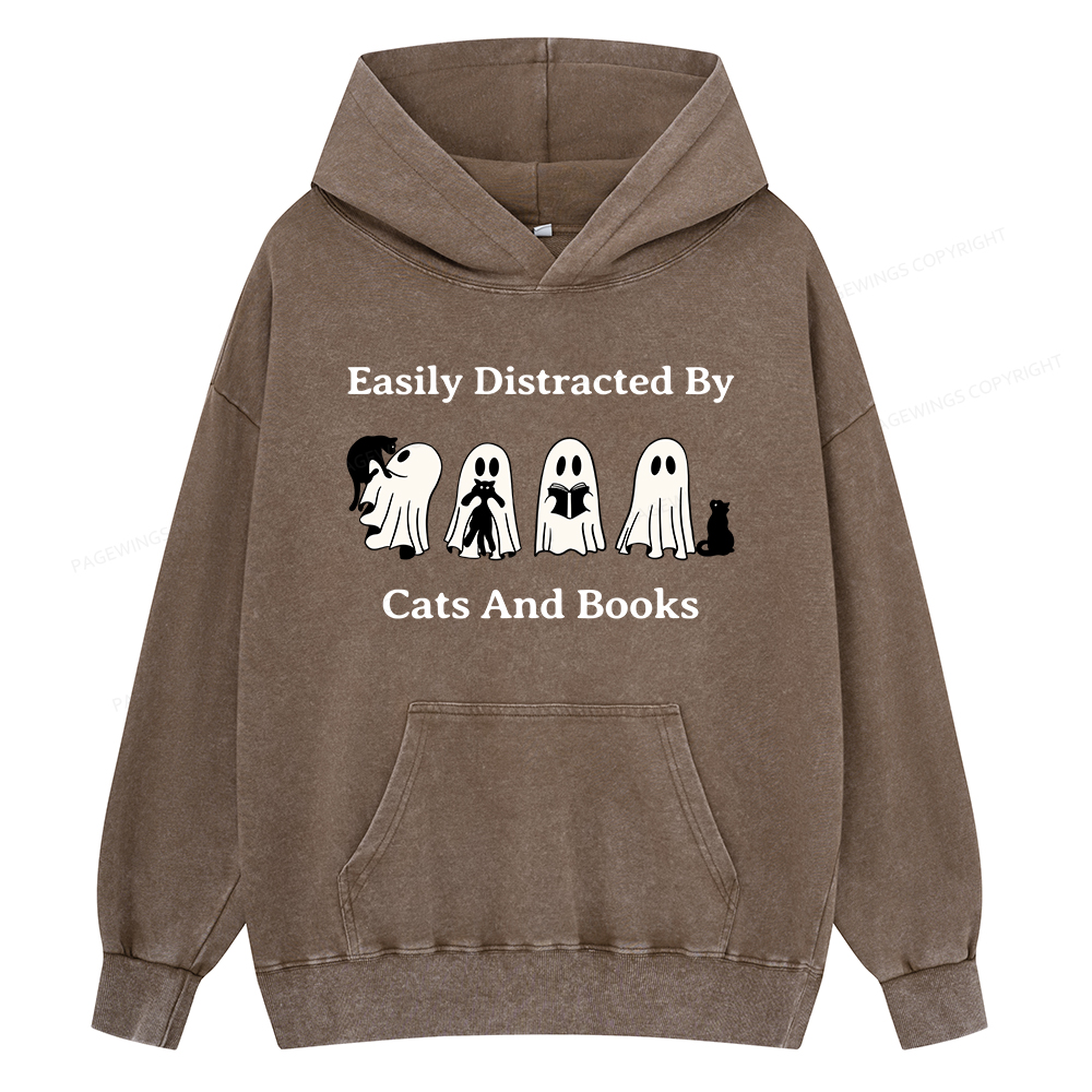 Pagewings Easily Distracted By Cats And Books Unisex Washed Hoodie