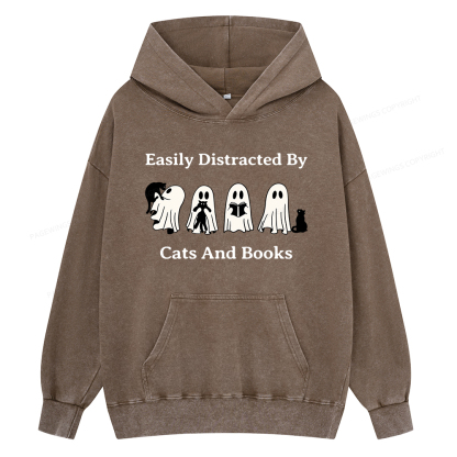 Pagewings Easily Distracted By Cats And Books Unisex Washed Hoodie