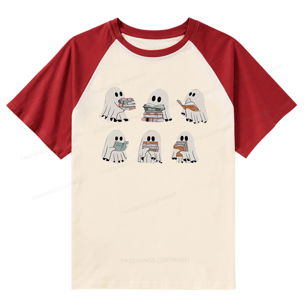 Pagewings Ghost Reading Halloween Raglan T-shirt