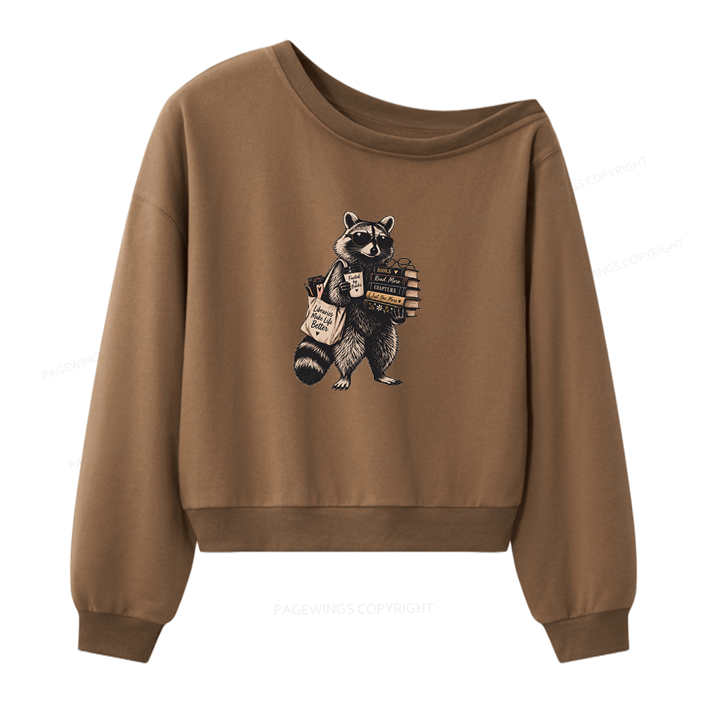Pagewings Book Lover Raccoon Women Off Shoulder Sweatshirt