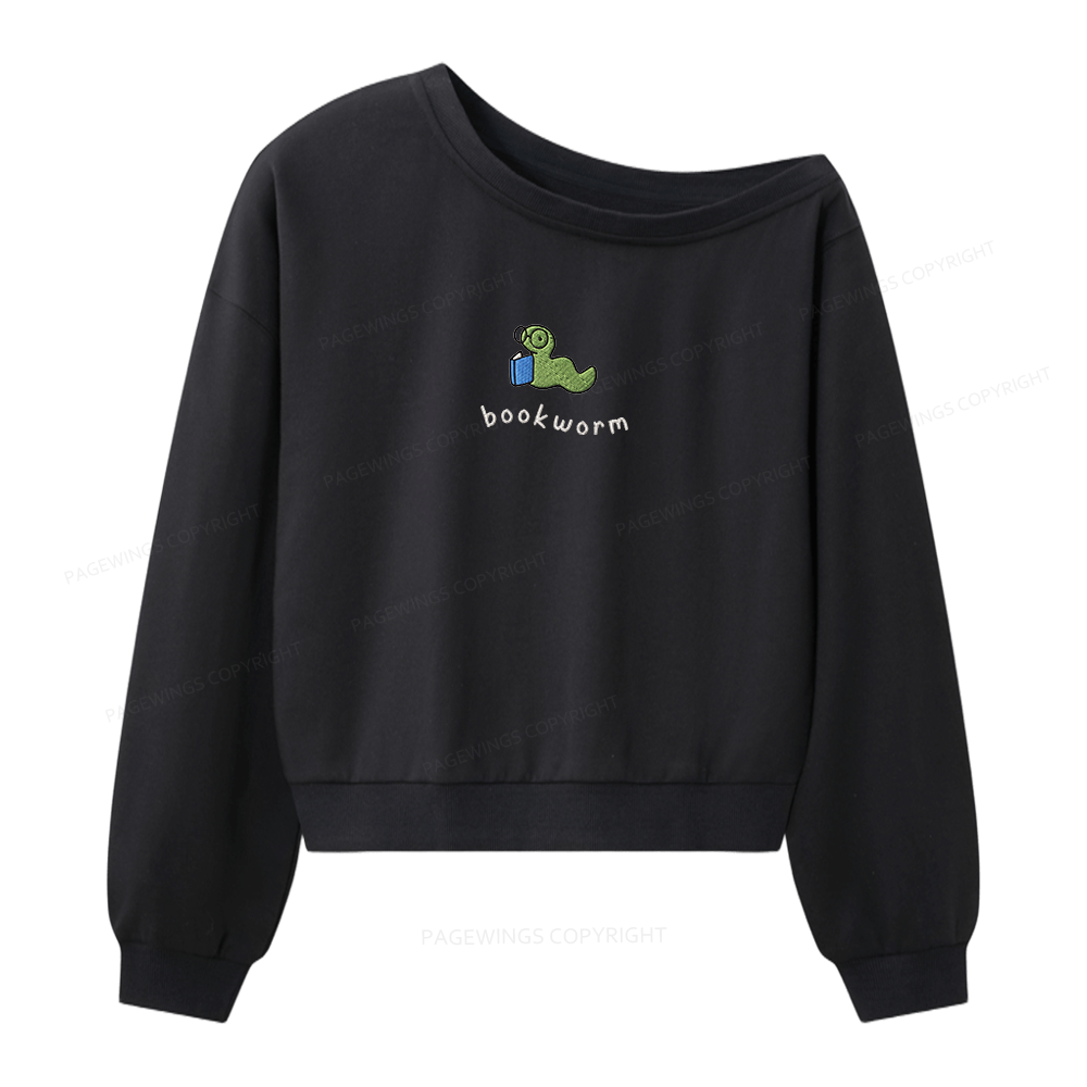 Pagewings Embroidered Bookworm's Women Off Shoulder Sweatshirt