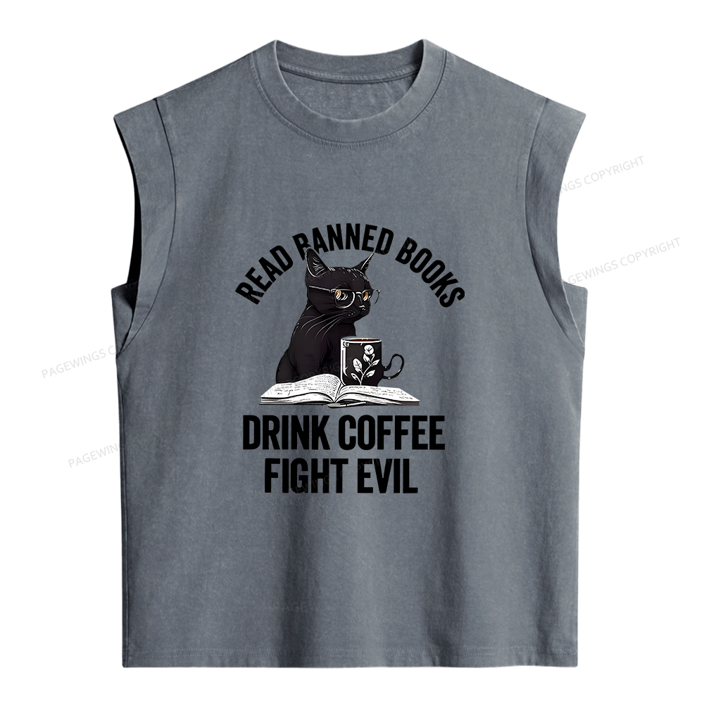 Pagewings Read Books Drink Coffee Fight Evil Women's Washed Tank Top