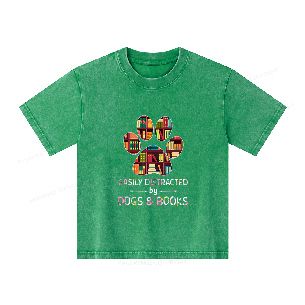 Pagewings Easily Distracted By Dogs And Books Unisex Kids Washed T-shirt