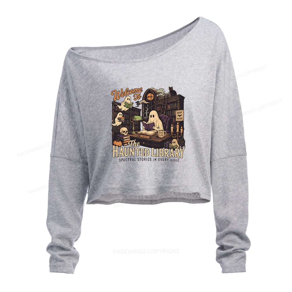 Pagewings Haunted Library Slouchy Long Sleeve Off Shoulder T-shirt