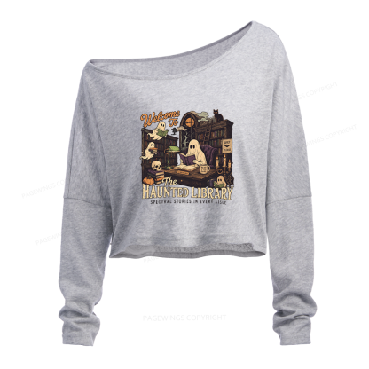 Pagewings Haunted Library Slouchy Long Sleeve Off Shoulder T-shirt