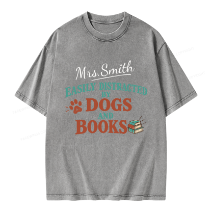 Pagewings Personalized Easily Distracted by Dogs and Books Unisex Washed T-shirt