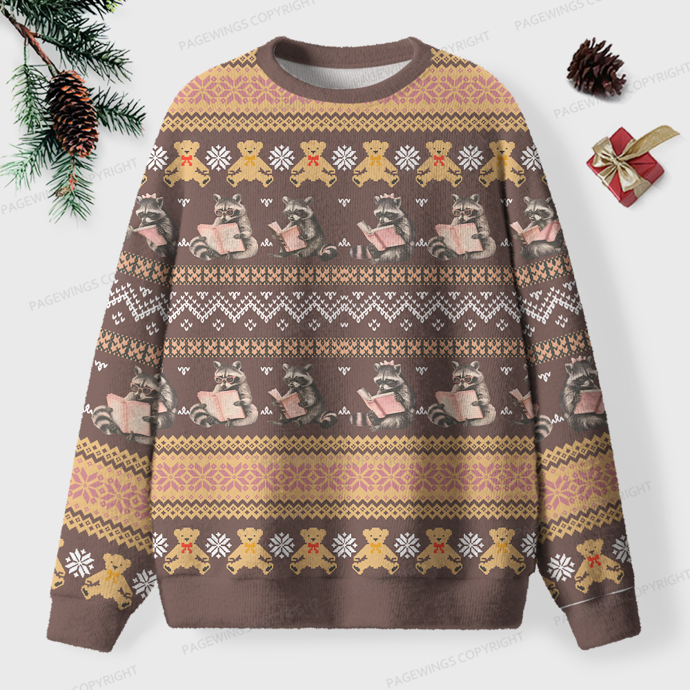 Pagewings Just A Raccoon Who Likes To Read Unisex Ugly Knit Sweatshirt