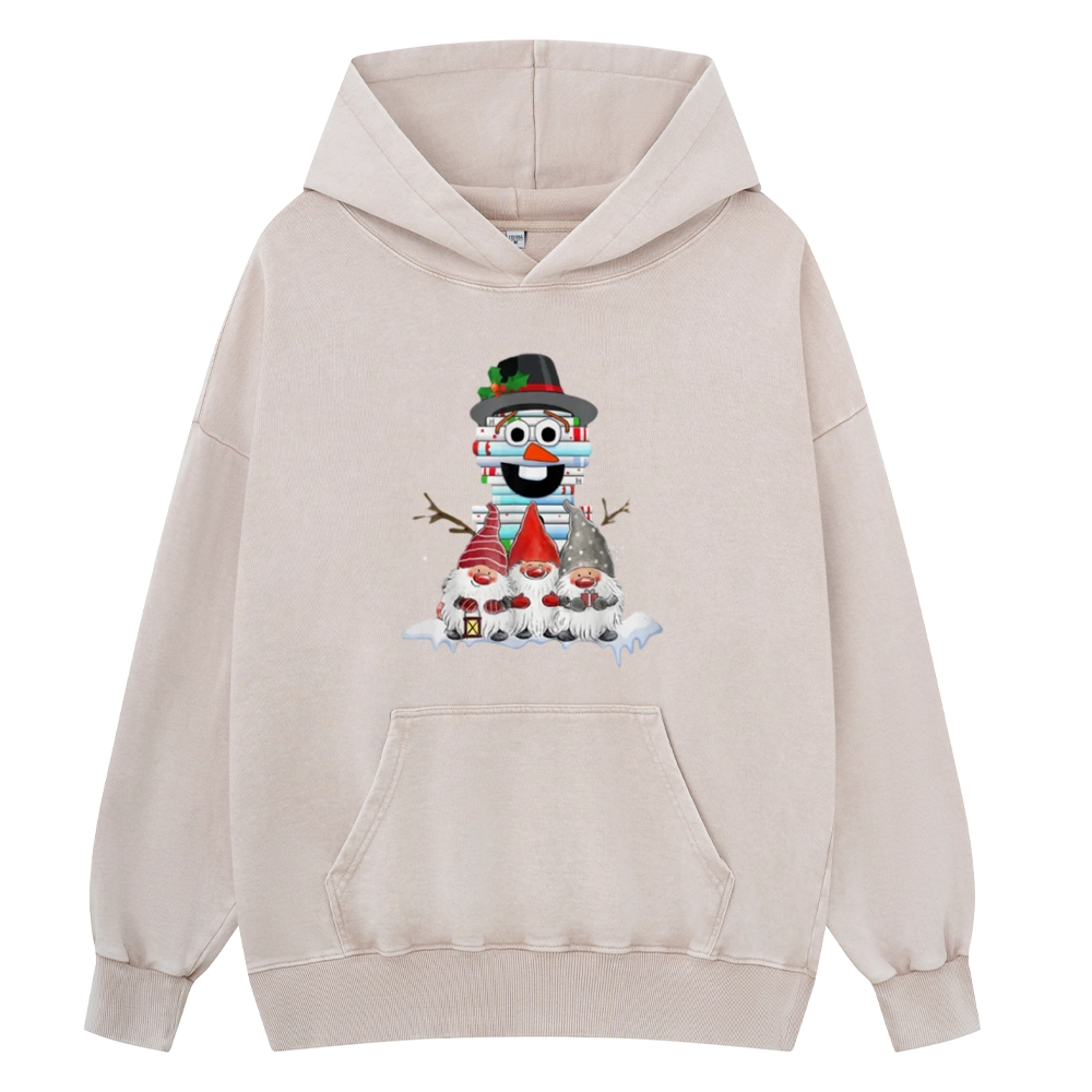 Pagewings Snowman Book Christmas Stack Gnome Librarian Book Unisex Washed Hoodie