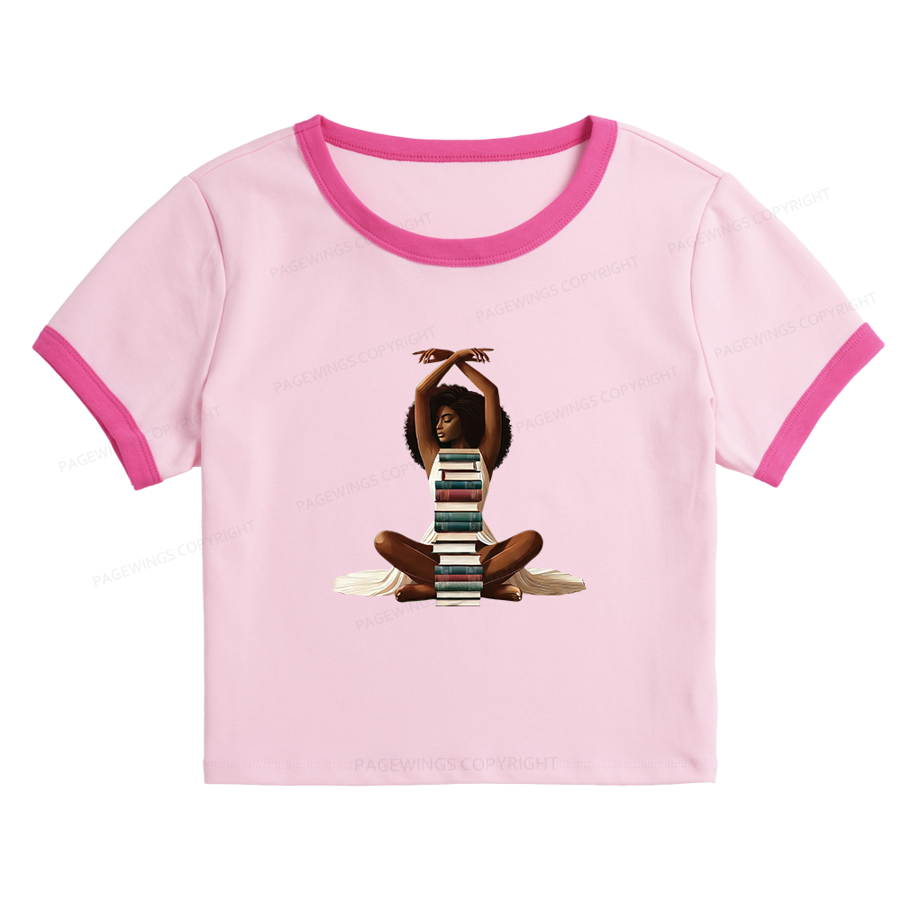 Pagewings Black Girl Reading Baby Tee Cropped Ringer T-Shirt