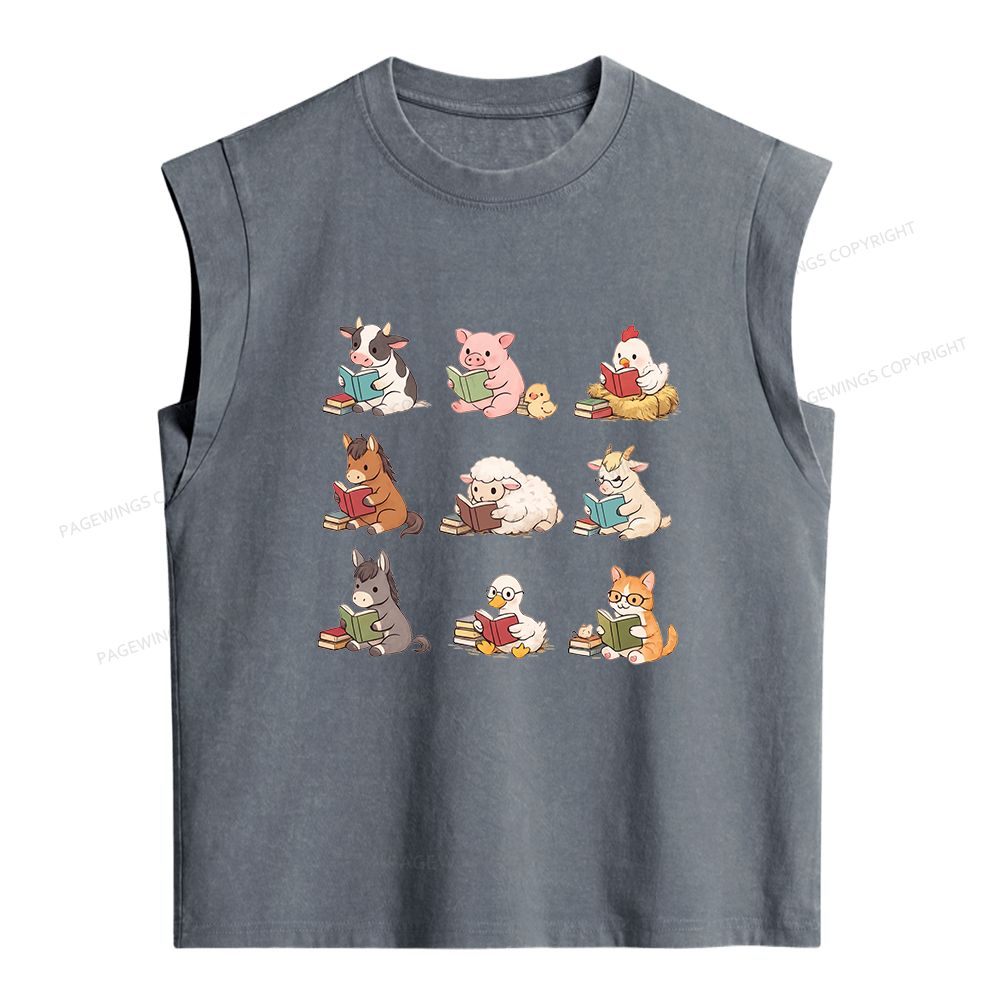 Pagewing Farm Animals Reading Women's Washed Tank Top