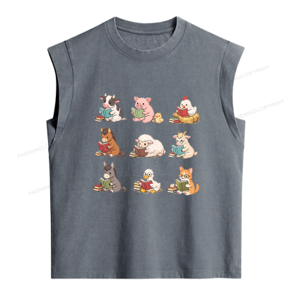 Pagewing Farm Animals Reading Women's Washed Tank Top