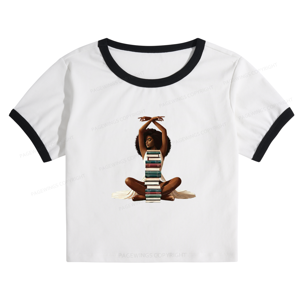 Pagewings Black Girl Reading Baby Tee Cropped Ringer T-Shirt