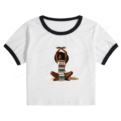 Pagewings Black Girl Reading Baby Tee Cropped Ringer T-Shirt