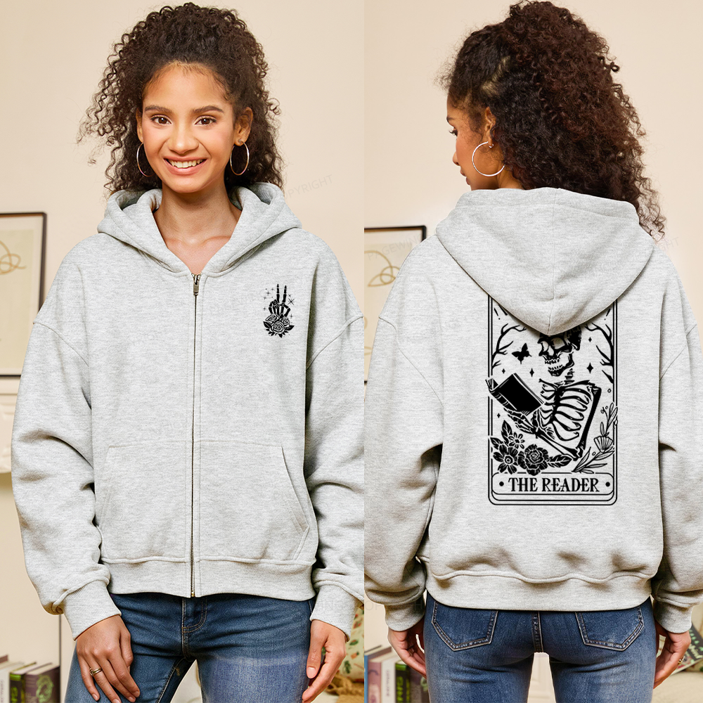Pagewings The Reader Tarot Card Front And Back Printing Fleece Zip-Up Hoodie