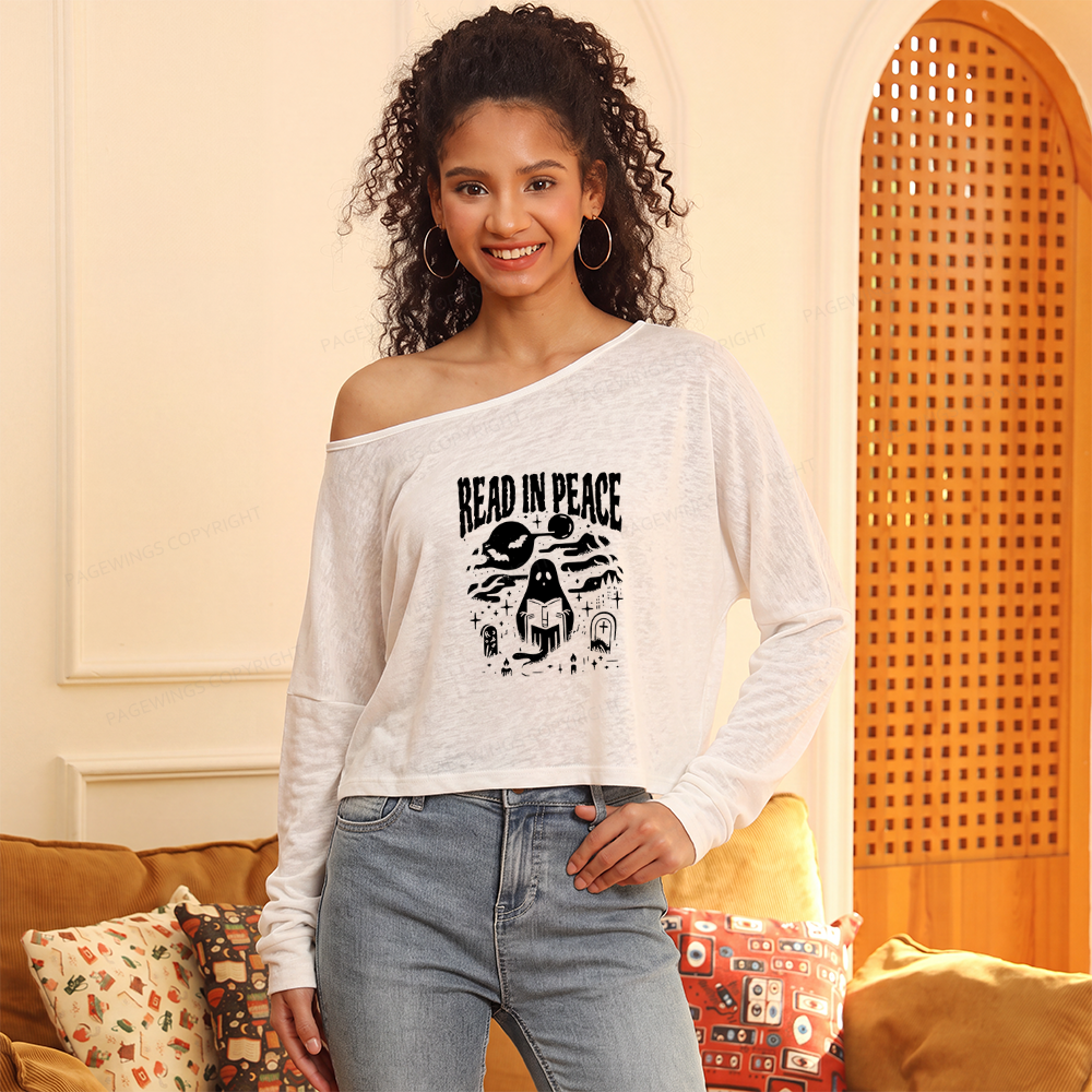 Pagewings Halloween Read In Peace Ghost Reading Slouchy Long Sleeve Off Shoulder T-shirt