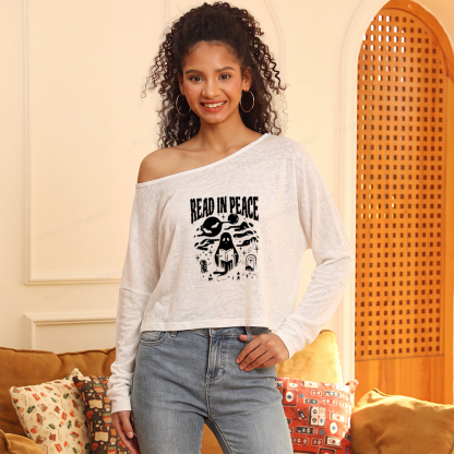 Pagewings Halloween Read In Peace Ghost Reading Slouchy Long Sleeve Off Shoulder T-shirt