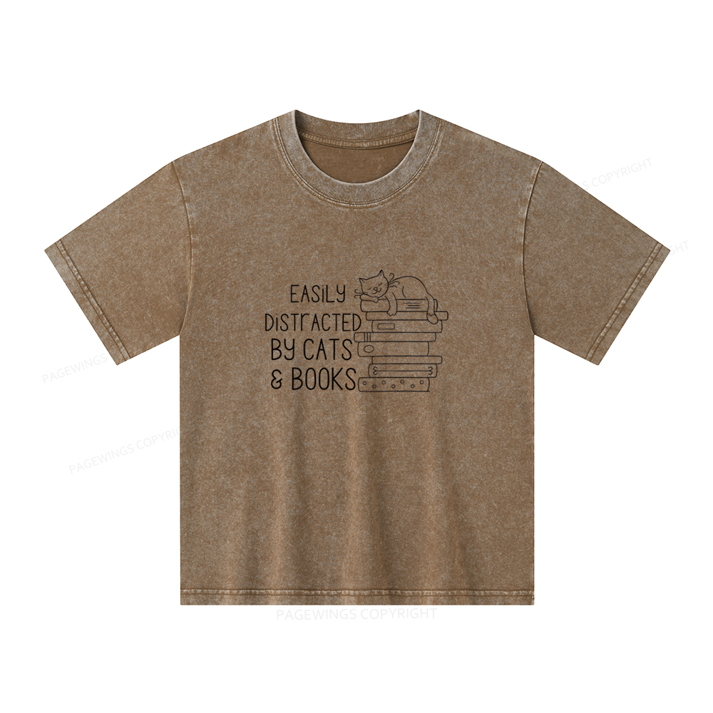 Pagewings Easily Distracted By Cats and Books Unisex Kids Washed T-shirt
