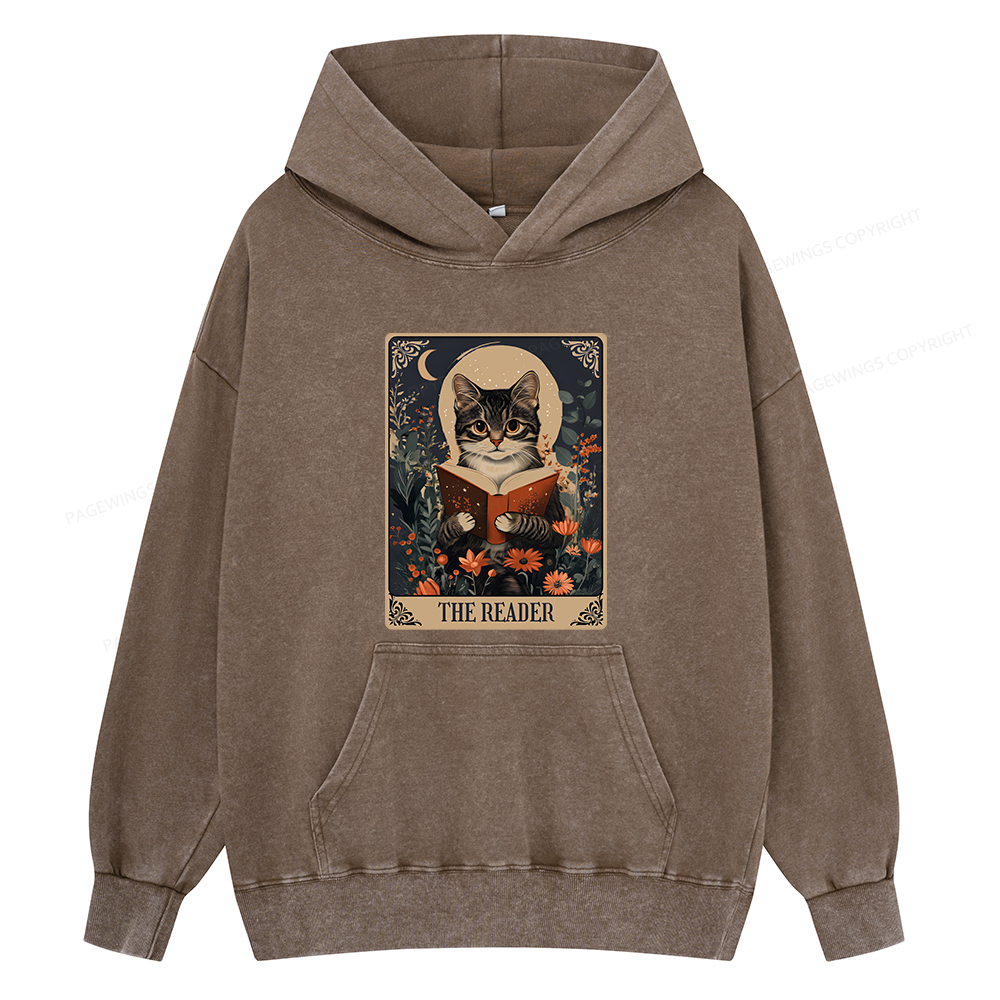 Pagewings The Reader Tarot Card Cat Unisex Washed Hoodie