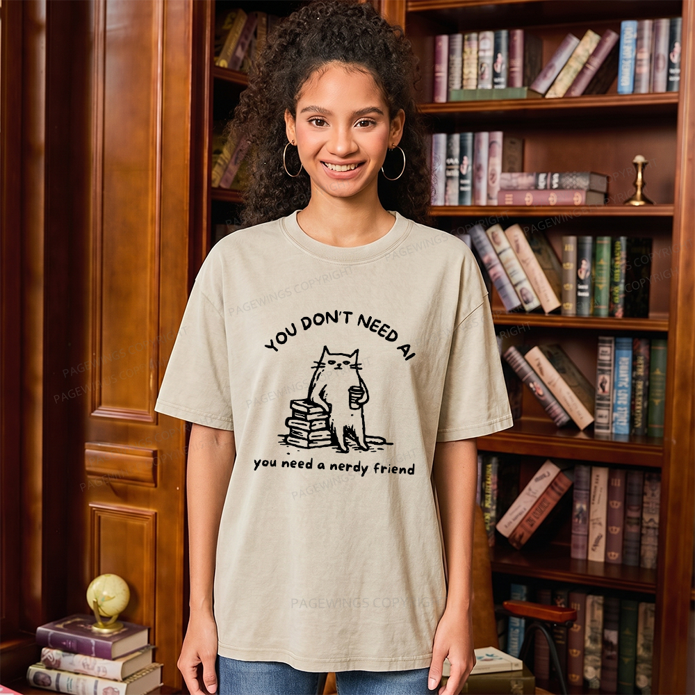 Pagewings Funny Cat Doodle Anti AI Unisex Washed T-shirt