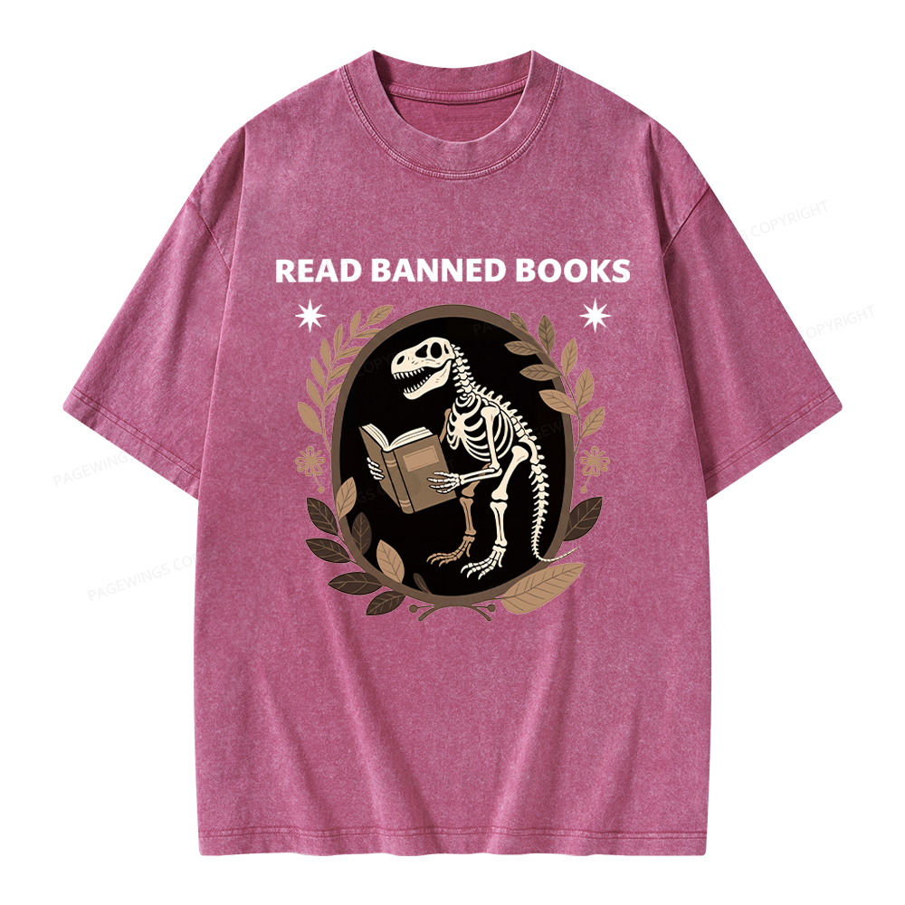 Pagewings Vintage Dinosaur Skeleton Reading Book Unisex Washed T-shirt