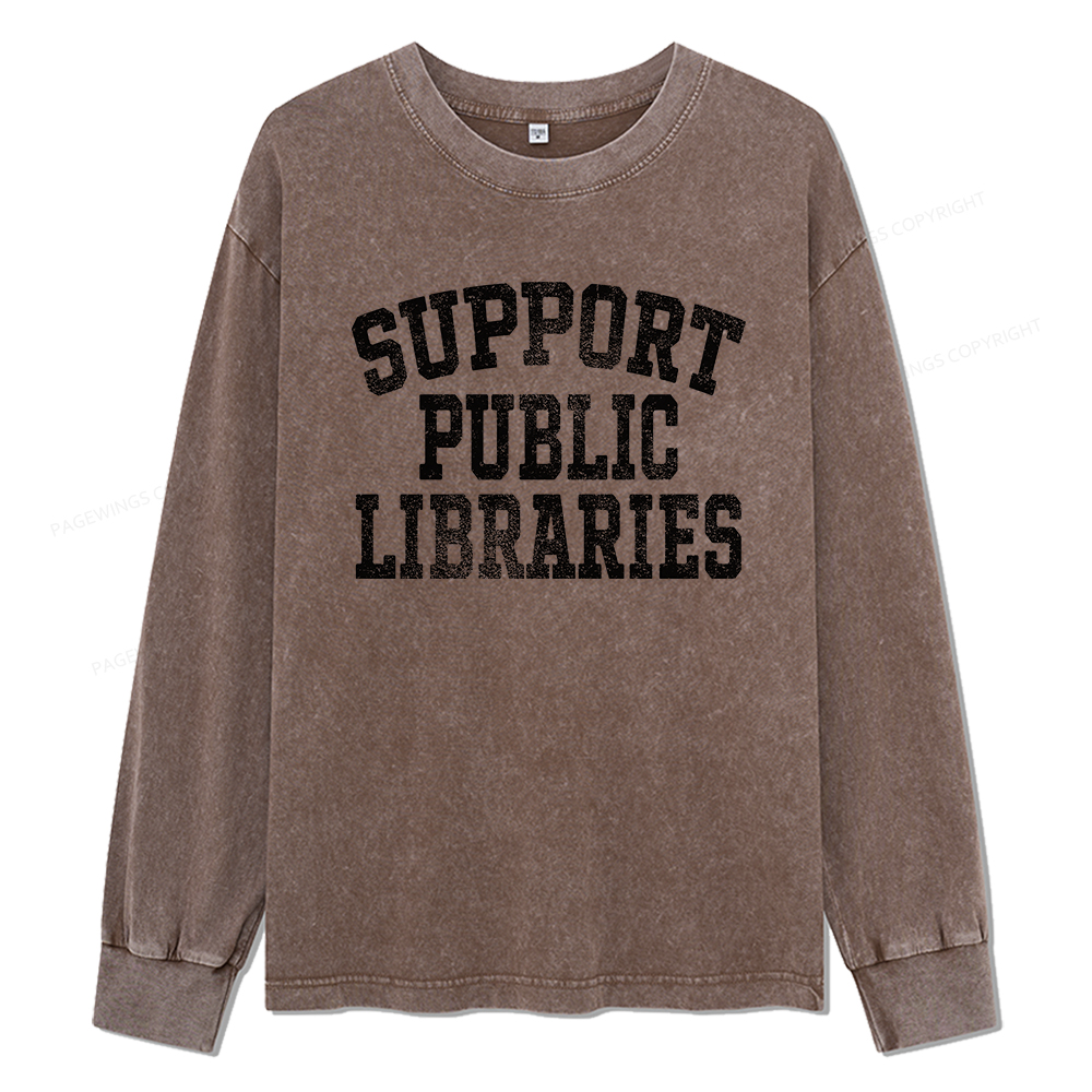 Pagewings Support Public Libraries Unisex Washed Long Sleeve T-shirt