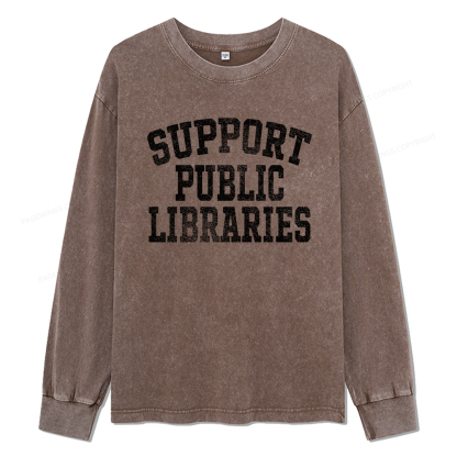 Pagewings Support Public Libraries Unisex Washed Long Sleeve T-shirt