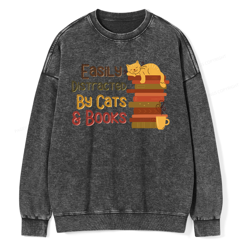 Pagewings Easily Distracted By Cats and Books Unisex Washed Sweatshirt