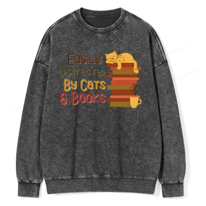 Pagewings Easily Distracted By Cats and Books Unisex Washed Sweatshirt