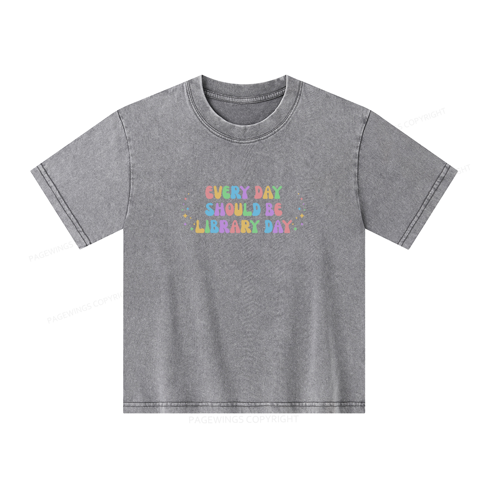 Pagewings Every Day Should Be Library Day Unisex Kids Washed T-shirt