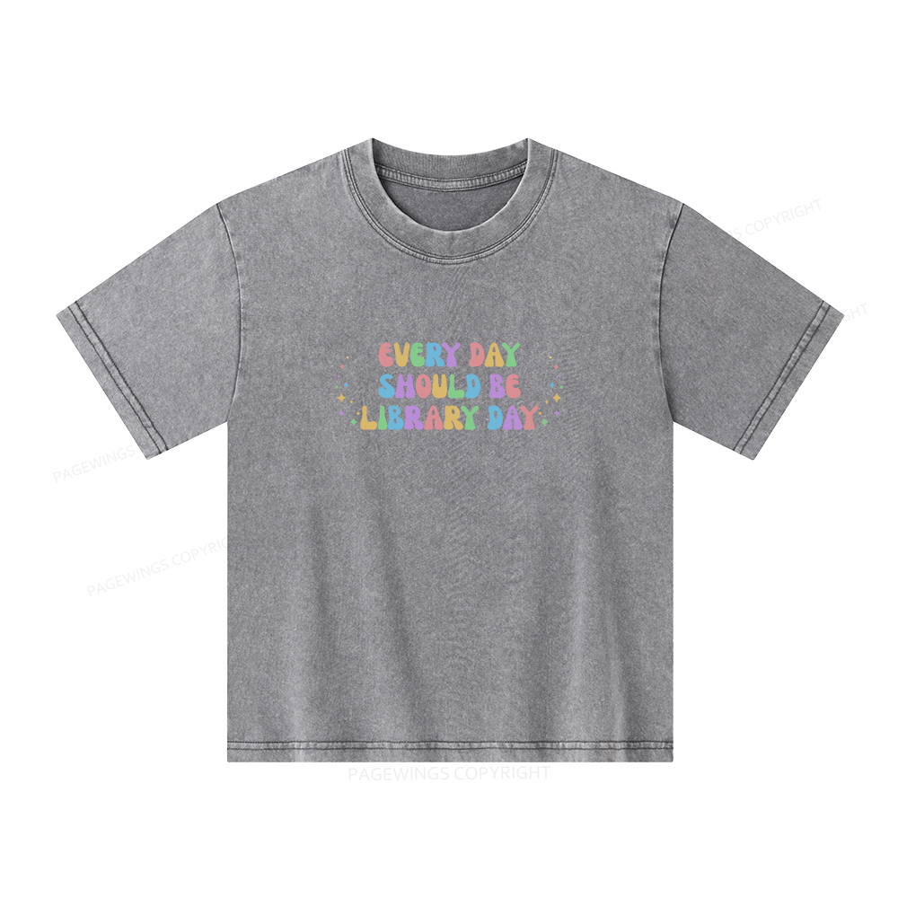 Pagewings Every Day Should Be Library Day Unisex Kids Washed T-shirt