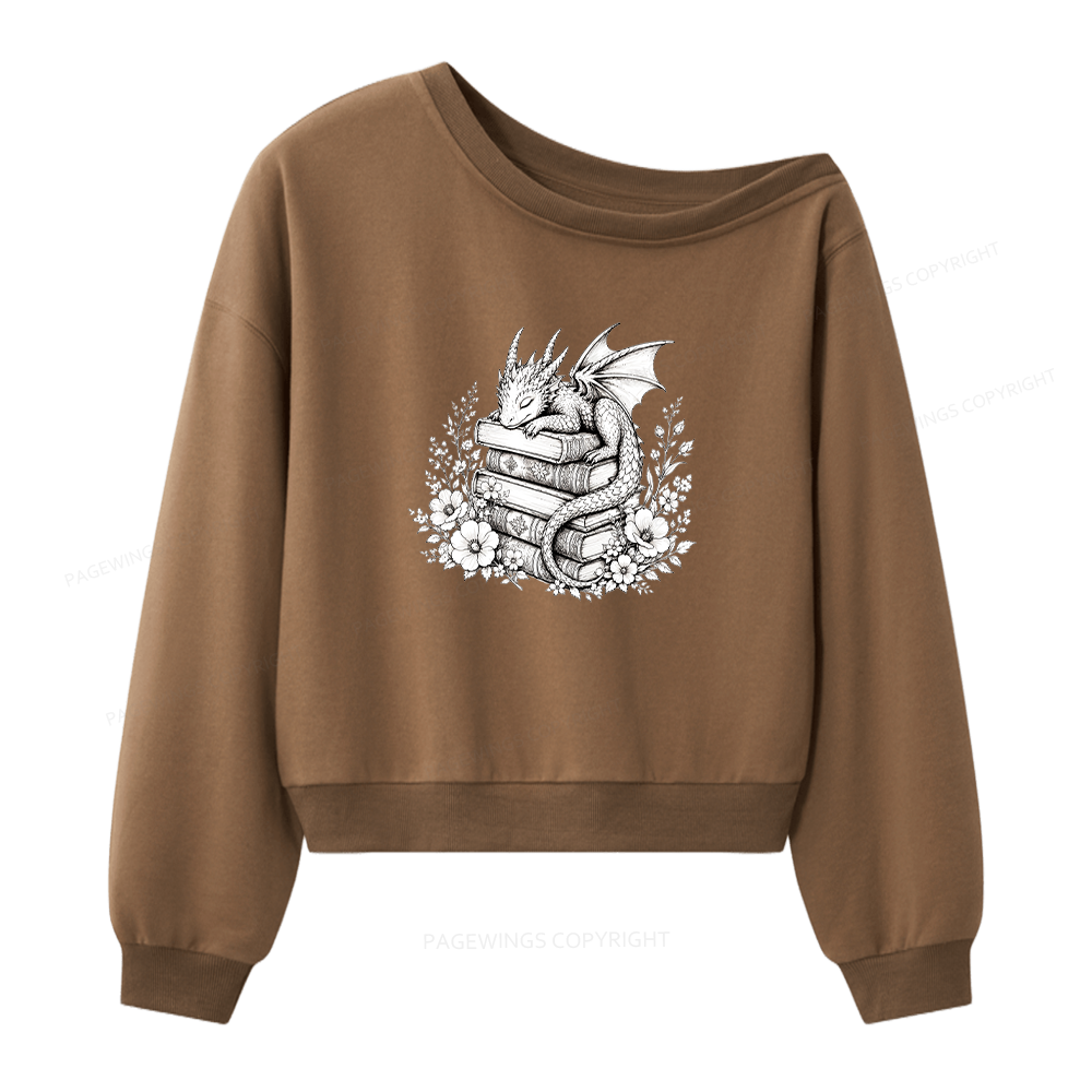 Pagewings Black Baby Dragon Book Women Off Shoulder Sweatshirt