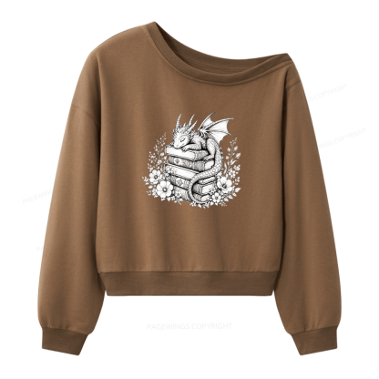 Pagewings Black Baby Dragon Book Women Off Shoulder Sweatshirt
